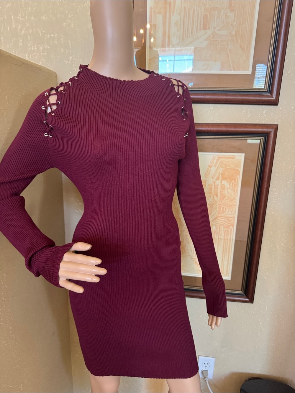 Women’s Arie Sweater Mini Knit Dress sz M. Color is Burgundy.  New with tag.